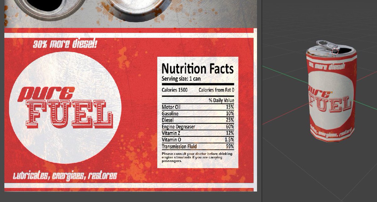 PolyHavocGames's tweet photo. Why did I put a nutrition facts panel on a tiny drink can in #RustwalkerLegends? Because robots care about their health too.

#UE4 #Blender #gamedev #WIP #indiedev https://t.co/ayFpQuOZDf