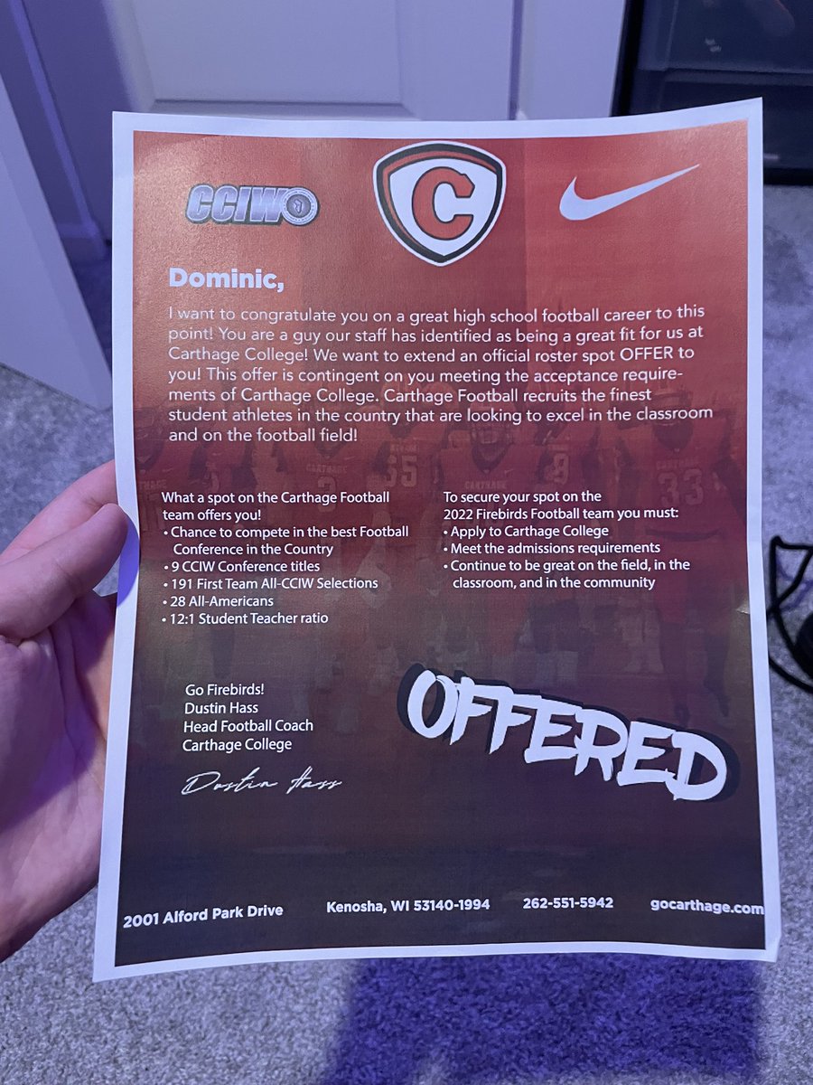 DOM1N1C53's tweet photo. Extremely grateful to receive an offer from Carthage to further continue my academic and athletic career. @Carthage_FB @CoachDustinHass @coachteonic @coachsmith99 https://t.co/2D9VVr0pIH