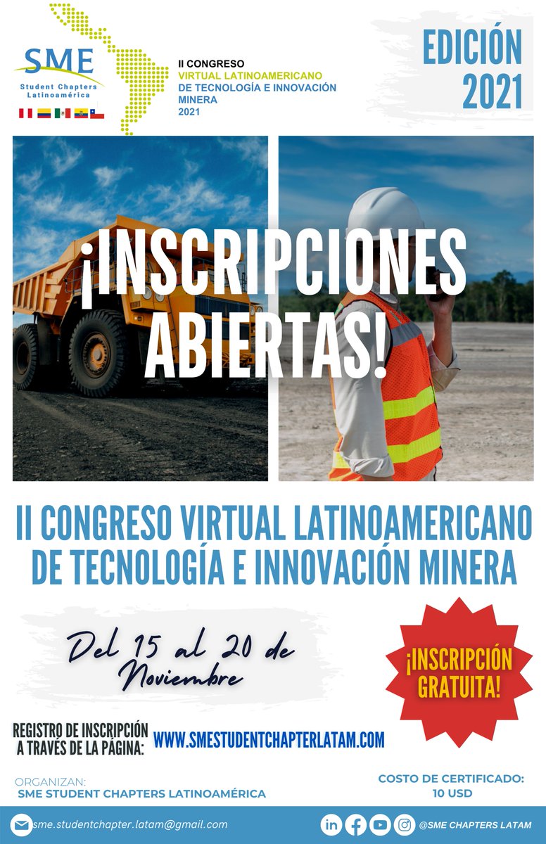smeunamchapter's tweet photo. 🌟🚨 INSCRIPCIONES ABIERTAS🚨🌟
𝐈𝐈 𝐂𝐎𝐍𝐆𝐑𝐄𝐒𝐎 𝐕𝐈𝐑𝐓𝐔𝐀𝐋 𝐋𝐀𝐓𝐈𝐍𝐎𝐀𝐌𝐄𝐑𝐈𝐂𝐀𝐍𝐎 𝐃𝐄 𝐓𝐄𝐂𝐍𝐎𝐋𝐎𝐆𝐈𝐀 𝐄 𝐈𝐍𝐍𝐎𝐕𝐀𝐂𝐈𝐎𝐍 𝐌𝐈𝐍𝐄𝐑𝐀  
        ⚒️ 🇨🇱🇨🇴🇪🇨🇲🇽🇵🇪⚒️
Link de la página de registro:
https://t.co/PDxfrybvY2
#SMELATINOAMERICA https://t.co/mQ8mstLyTk