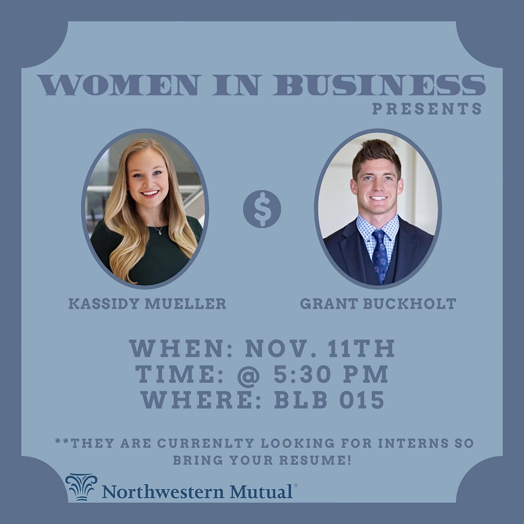 UNT_WIB's tweet photo. Our next meeting is on Thursday, November 11 at 5:30 pm at BLB 015. Our guest speakers this week are Kassidy Mueller and Grant Buckholt from Northwestern Mutual.
#UNT #UNTWIB https://t.co/I8Iswji0Je
