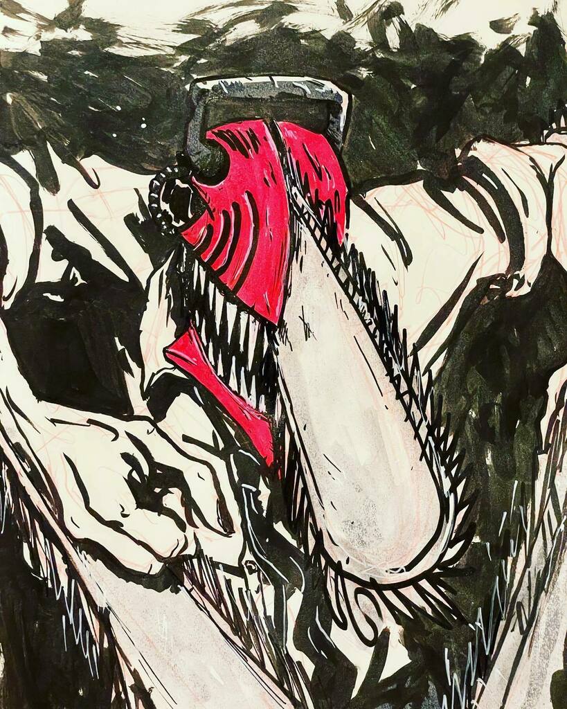 thedvl's tweet photo. Here’s The insane Chainsawman.

Haven’t posted in a bit. And frankly haven’t even drawn for weeks, which really sucks. Works just been too damn rough. 
Aaannnnny way. If you haven’t peeped #chainsawman, pls do. Nuts. https://t.co/iTfXXwFGje https://t.co/w4oSwfgXSd