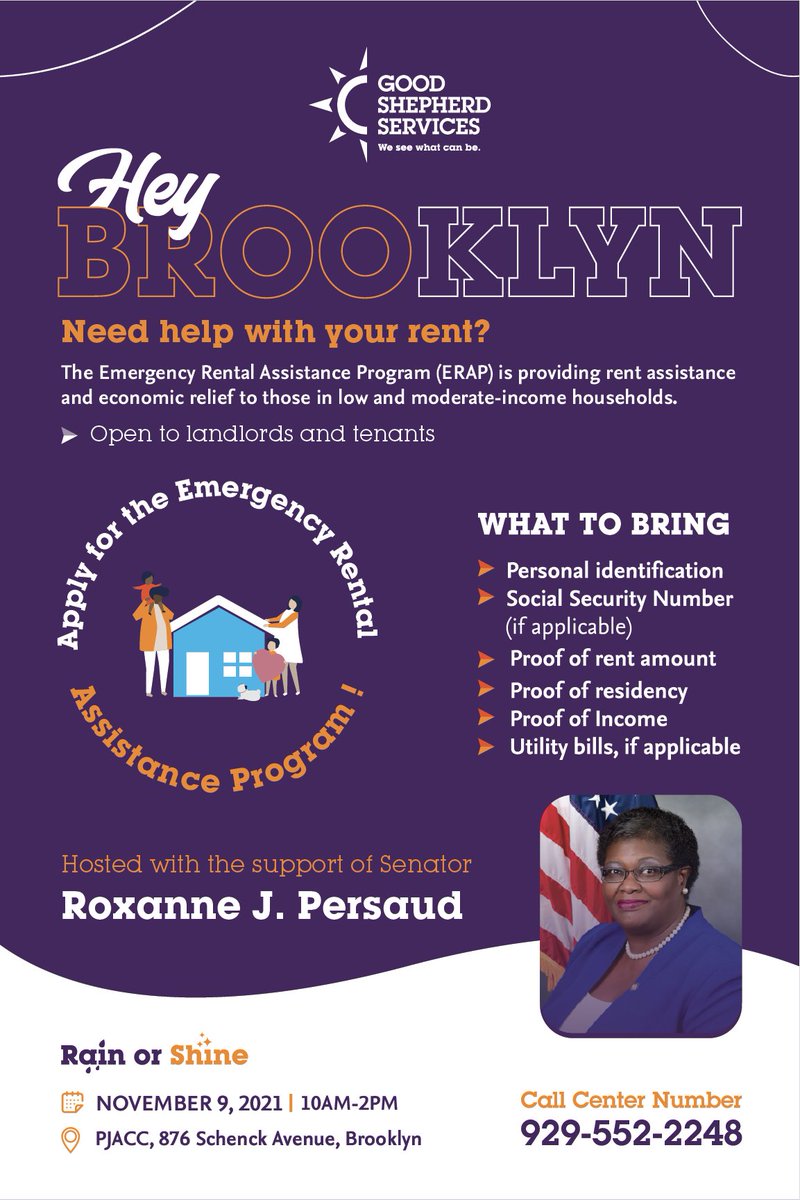NHSBrooklyn's tweet photo. Owe back rent? Rent relief pop-up event Tuesday Nov. 9, 10AM-2PM. PJACC, 876 Schenck Ave., Brooklyn, NY.  929-552-2248. #rentrelief @SenatorPersaud @BrooklynCB5 @CMInezDBarron @CentersUnited @Dewarrestaurant  @lesbionicamazon  @CNYCN  @ARTsEastNewYork @walker4assembly @ANHDNYC https://t.co/jIKLTdhVBM