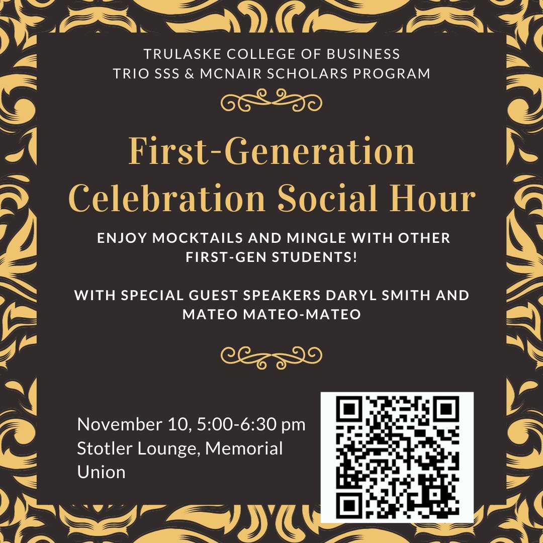 MizzouTRiO's tweet image. Have you registered for the First-Gen Student Social Hour yet? 🤔 Don't miss out on mocktails, guest speakers, and an opportunity to socialize with your peers. This event is open to ALL #FIRSTGENMIZZOU students, so share and bring your friends! Register using the QR code today!
