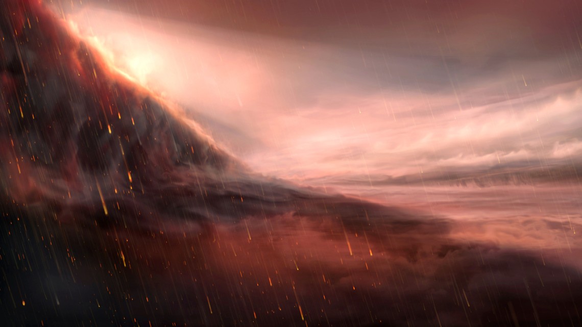 Rain falling on a red, hot Jupiter-like planet. Credit: ESO/M. Kornmesser