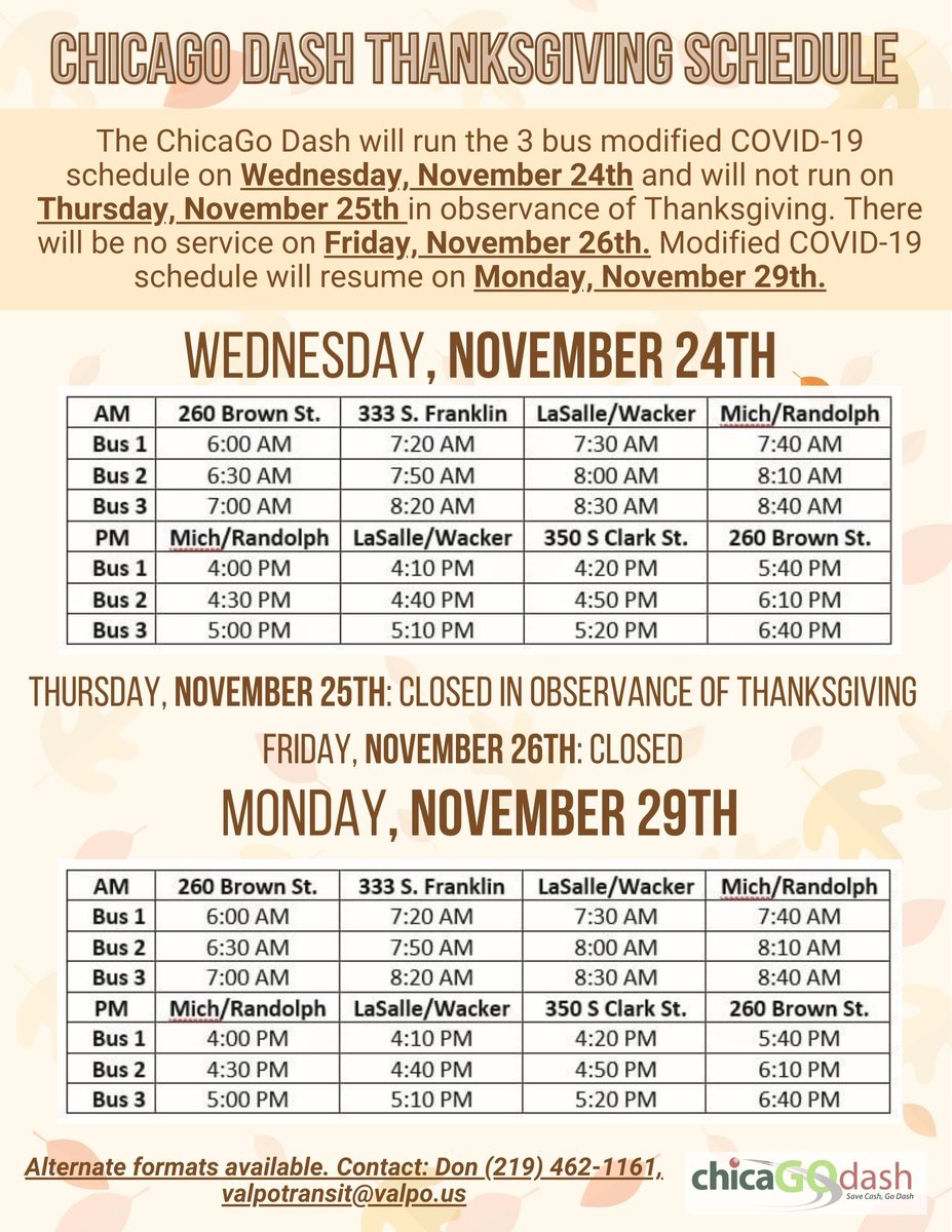 ValpoTransit's tweet photo. There will be no service Today, Friday, November 26th. Modified schedule will resume on Monday, November 29th. 🍂 https://t.co/sYBSRk6oFN