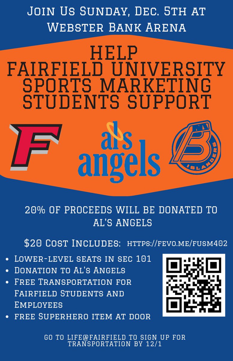 FFDStudentsCare's tweet photo. Help Fairfield University Sports Marketing Students raise money for families in need by joining us for Fairfield University Day December 5th at Webster Bank Arena to see the @AHLIslanders play! You must use the link in our bio to purchase the tickets in order to make a donation! https://t.co/w6Eqs3F0vA