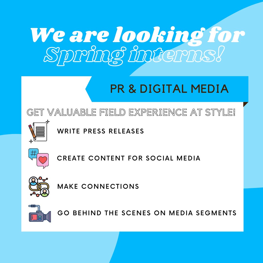 STYLE_bham's tweet image. Looking for an internship in the PR industry? 🗣️ We&apos;re accepting applications now for our spring Public Relations &amp;amp; Digital Media internships! To apply, email your resume, cover letter and three writing samples to info@styleadvertising.com. 

#PRAgency #PRinternships