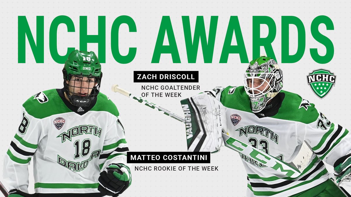 Congrats to Matteo Costantini (Rookie) and Zach Driscoll (Goaltender) on earning @TheNCHC weekly honors! RELEASE: fightinghawks.com/news/2021/11/8… #UNDproud | #LGH