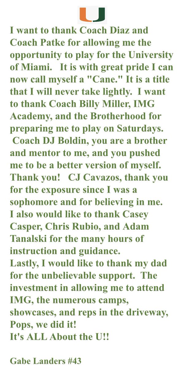 Blessed to announce my commitment to Miami. It all about the U! Thank you <a href="/IMGAFootball/">IMG Academy Football</a>, <a href="/CanesFootball/">Miami Hurricanes Football</a>, <a href="/CoachPatke/">Jonathan Patke</a>, <a href="/CoachKalter/">Danny Kalter</a>, <a href="/_thebillymiller/">Billy Miller</a>, <a href="/CJRecruiting1/">Jerry Cavazos</a>, <a href="/NorthFreshCane/">North Fresh RNG</a>, <a href="/dzoloty/">don zoloty</a>,#itsallabouttheU