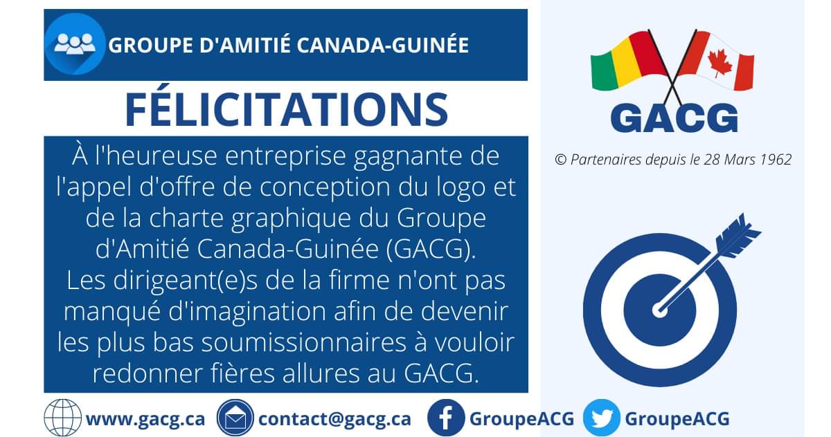 GroupeACG's tweet photo. 🇨🇦🇬🇳Félicitations à l'heureuse entreprise gagnante de l'appel d'offre de conception du logo et de la charte graphique du Groupe d'Amitié Canada-Guinée. Les dirigeants n'ont pas manqué d'imagination pour devenir les plus bas soumissionnaires à vouloir redonner fière allure au GACG https://t.co/qJcpVHDOb4