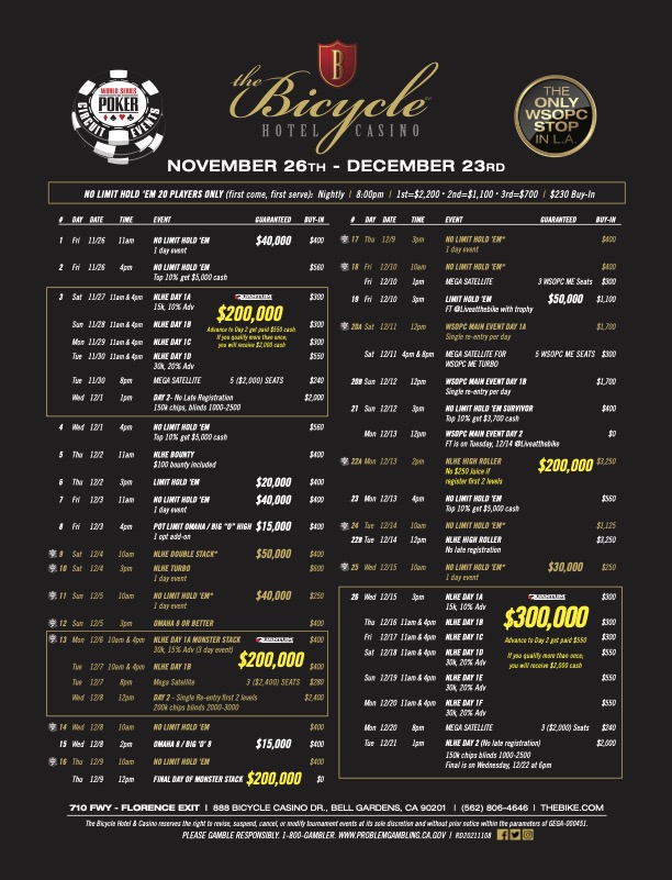 MoTheBikeTD's tweet photo. Hello everyone! First time tweeting in nearly two years. Excited to announce the return of the @WSOP Circuit Events to the @BicycleCasino. Action starts after Thanksgiving! #poker #Bicyclecasino #thebike #WSOPC #ringevents https://t.co/QeslnP1qnl