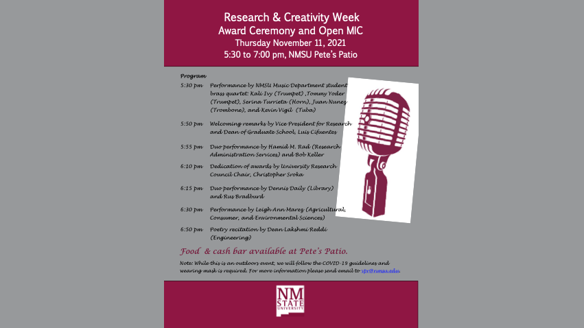 NMSUVPR's tweet photo. SAVE THE DATE: Thursday, Nov. 11 @NMSU Pete's Patio. Award ceremony for last week's @NMSURCW2021. Open mike night also. Join us for this celebration of #ElevateResearch and #ElevateCreativity. https://t.co/KG6NVY1VRG