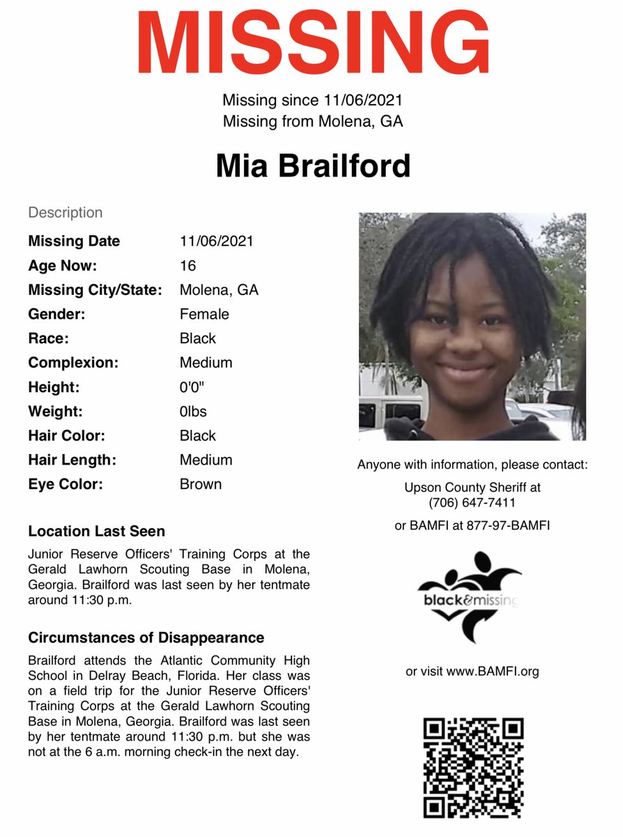 BAM_FI's tweet photo. #Molena, #Georgia: 16y/o Mia Brailford was last seen oNov 6 around 11:30 p.m.

Mia attends the Atlantic Community High School in Delray Beach, Florida. Her class was on a field trip for the Junior Reserve Officers' Training Corps at the Gerald Lawhorn Scouting Base in Molena. https://t.co/T3th8umlWC
