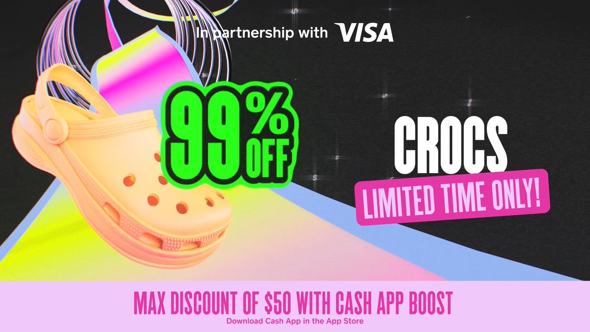 CashApp's tweet photo. Today, get 99% off Crocs. Limited time. Max discount $50 with your Cash Card. Maybe wear them with little socks #CashApp99off https://t.co/qgSSsVApN0
