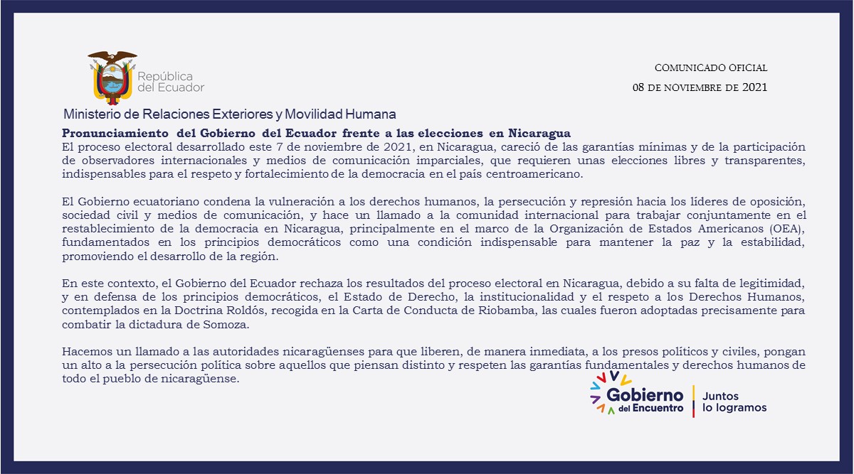 CancilleriaEc's tweet photo. Comunicado | Pronunciamiento del Gobierno del Ecuador 🇪🇨 frente a las elecciones en Nicaragua 🇳🇮: https://t.co/j0WJPtY3vm https://t.co/XV98kDdDhh