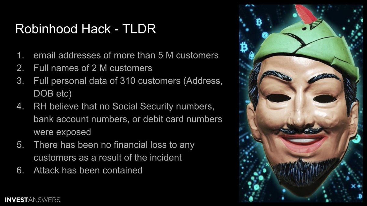 Investanswers's tweet image. #Robinhood was hacked. Notes below. Check your account. Change your PW. I hope they disclose full extent of data loss esp around holdings if at all.
