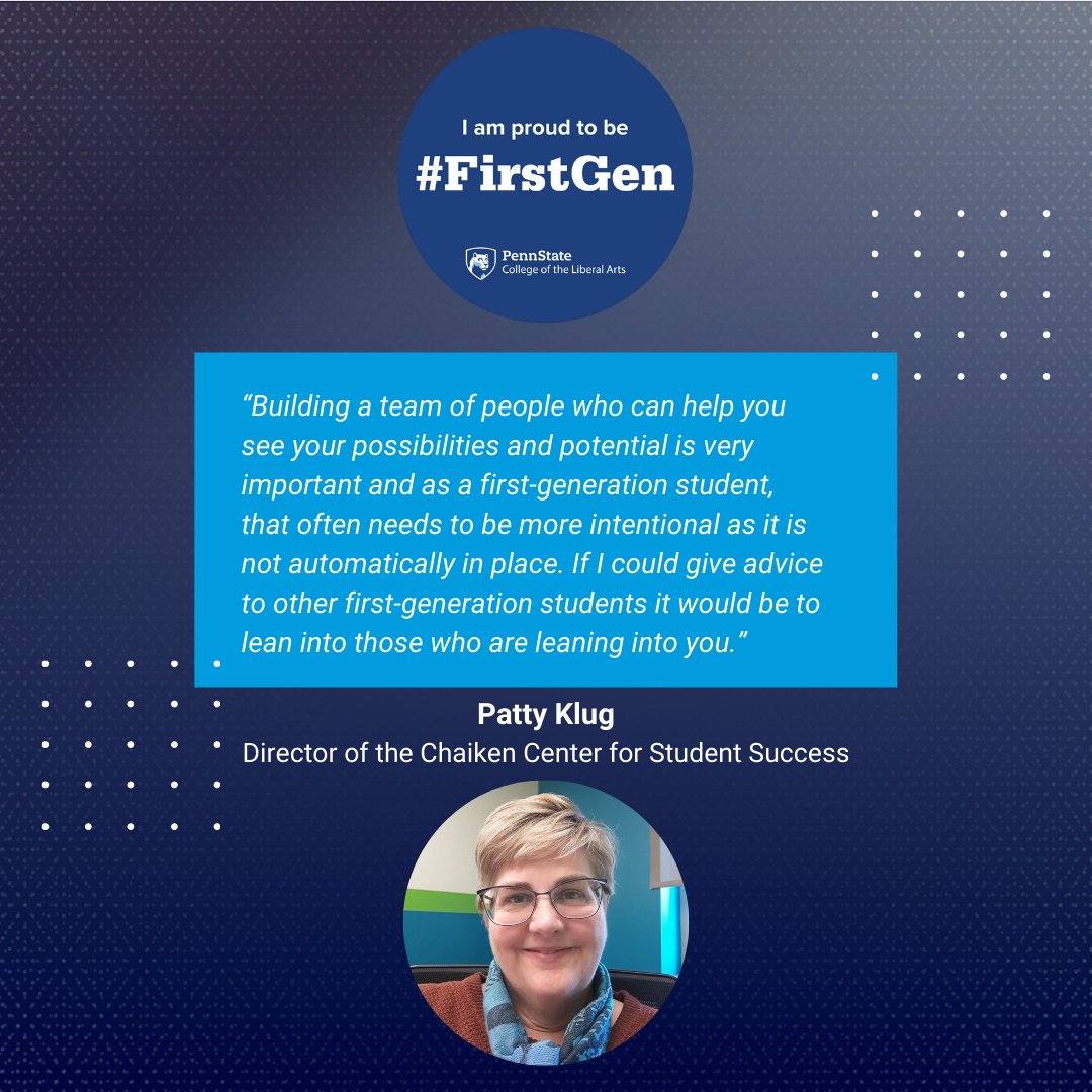 PSULiberalArts's tweet image. Today, we #CelebrateFirstGen by sharing #PSUFirstGen stories and advice from our first 3 @PSULiberalArts #FirstGen features:
🔹Dean Clarence Lang
🔹Patty Klug
🔹Najee Rodriguez, @psupolisci @PSUHistory
@PennState_PFP @PennStateHonors @penn_state 
#FirstGenDay #FirstGenCelebration