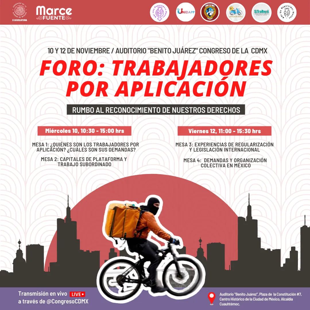 FuenteMarce's tweet photo. TRABAJADORES POR APLICACIÓN: RUMBO AL RECONOCIMIENTO DE NUESTROS DERECHOS 🚴🏼 

Les invitamos a que asistan a este foro, donde dialogaremos con organizaciones de trabajadores por aplicación e importantes académicos del área de estudios laborales 📱

¡Entregas con derechos YA! 🙋🏽 https://t.co/PZ9Gvqwhvf