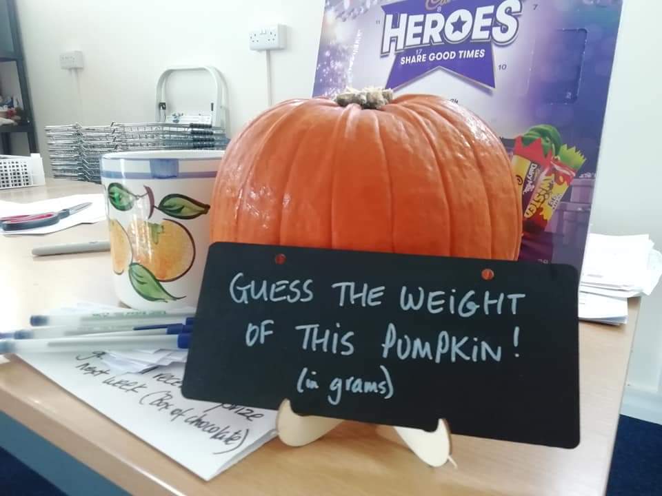 Huge selection of food for tomorrow's community fridge at Langney Larder. £2 for up to ten items. Open from 10am to noon. (and a contest to guess the weight of the pumpkin). #Langney #CommunityFridge #endfoodwaste