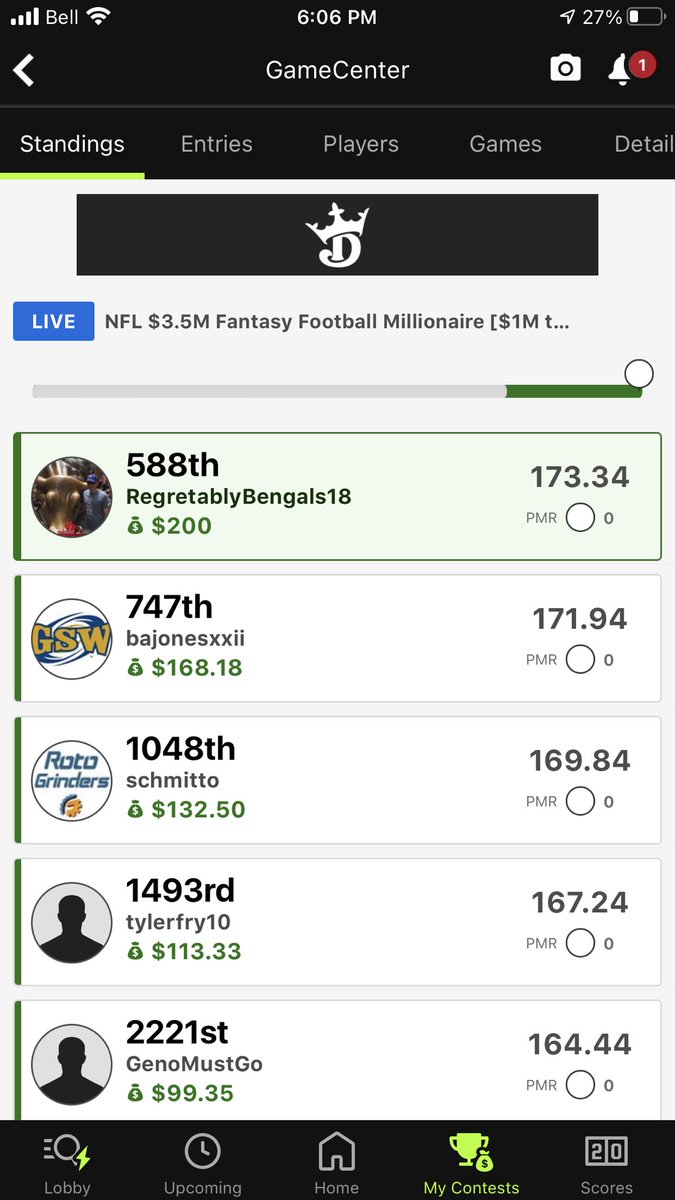 wolfman8771's tweet photo. @Jeff_Mans I am a new Mafia Member this year.  Listen to your show every day.  Thanks to the core 4 for my best DK placing.  Was a James Conner away from sheer insanity!! What is target points for flex again?? Love the show!!  #mydude #nflfantasy https://t.co/SQx7w2t6cG