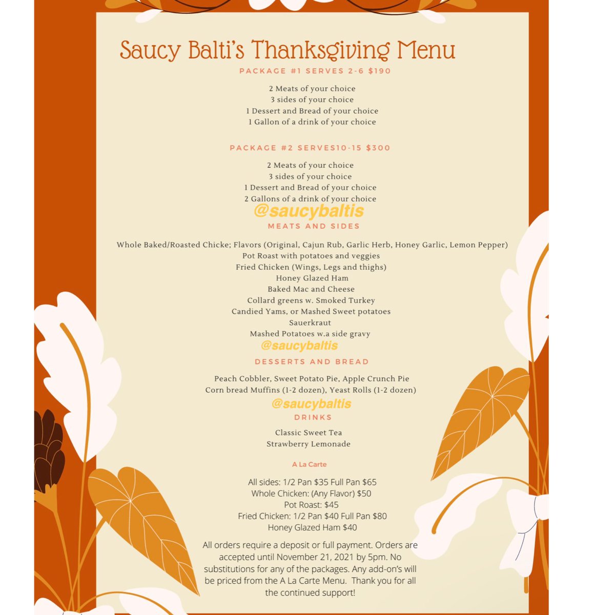 SaucyBalti's tweet photo. HTX support @ShonBunz  for all your sweet treat needs this Holiday szn! You can also place meal orders until 11.21 #BlackOwnedBusinesses #htx #sweettreats #catering #holidays 💛 https://t.co/01NpFg1CJs