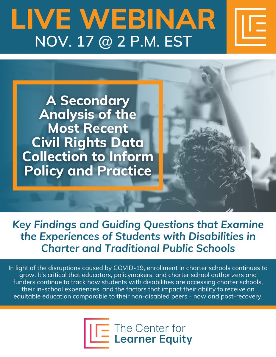 Live Webinar: 11/17 @ 2 PM ET

During this webinar, we will share key findings and guiding questions related to the CRDC released in 2020 that examine the experiences of students with disabilities in charter and traditional public schools.

Register now at bit.ly/3qp1VlL
