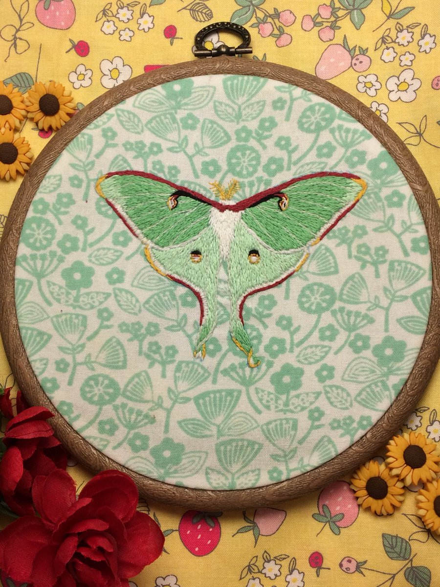 MoonAndSilk's tweet photo. Luna moth hand embroidery https://t.co/LzA29Si1c3
