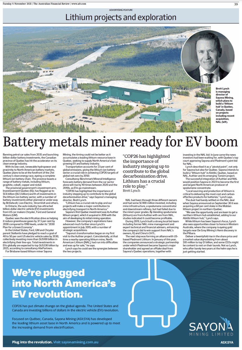 ElevraLithium's tweet photo. Hot off the press: "Battery metals miner ready for #EV boom" https://t.co/g1NjPjSXZY @FinancialReview $SYA $SYAXF #lithium #Quebec #ESG #cleantech #cleanenergy https://t.co/kvwvabgc3G