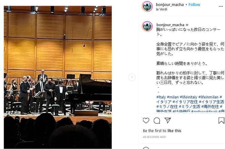 instagram.com/p/CWCCV1DM_dE/ 'Yesterday's #laVerdi concert 🇮🇹 was full of heart...
Mr. #NobuyukiTsujii 辻井伸行 has the courage to face anything without fear. Thx for a wonderful time.
I'll never forget seeing him bowing politely & repeatedly in response to the crackling applause ...'
