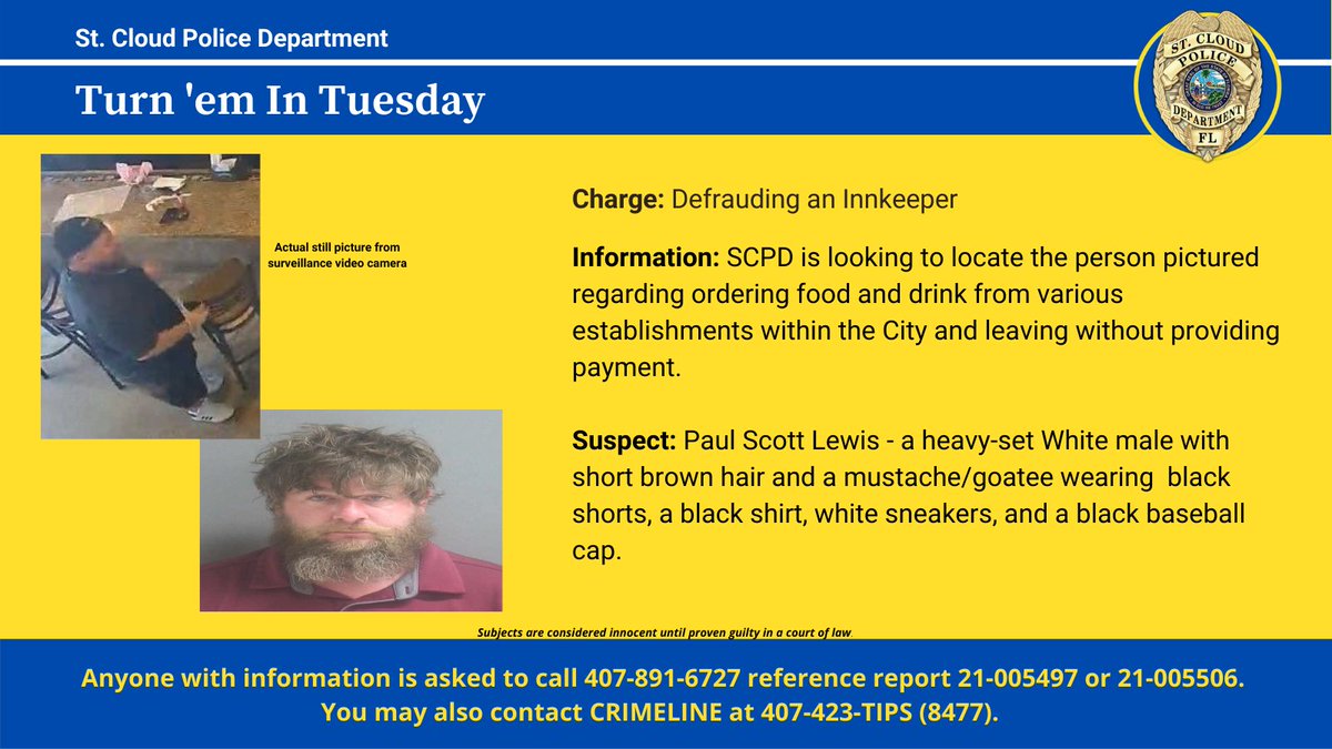 StCloudPD's tweet photo. The St. Cloud Police Department is looking to locate the subject pictured. If you have any information, please call the number at the bottom of the picture or contact @CrimelineFL at 407-423-TIPS (8477). #tips #turnemintuesday #CrimeLine #scpd https://t.co/Q0cBNx3eR2