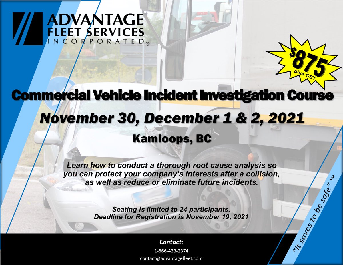 itsavestobesafe's tweet photo. Hurry Seats Limited! #Collision Investigation Course in #Kamloops from Nov30-Dec2. Course taught by a highly trained #investigator - @GrantAune #collision #fleet #supervisors #managers https://t.co/JlvtH965hD