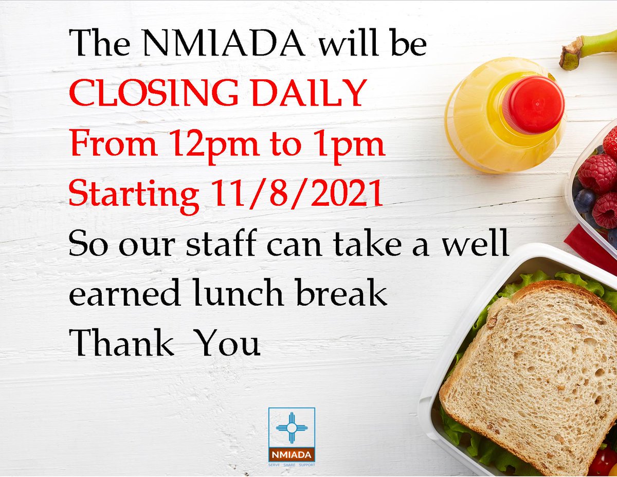 NMIADA1's tweet photo. Hey everyone! Just a heads up that starting today we will be closing our office from noon to 1PM daily to ensure a full lunch period for our dedicated staff.
#NMIADA https://t.co/fBplkWsUww