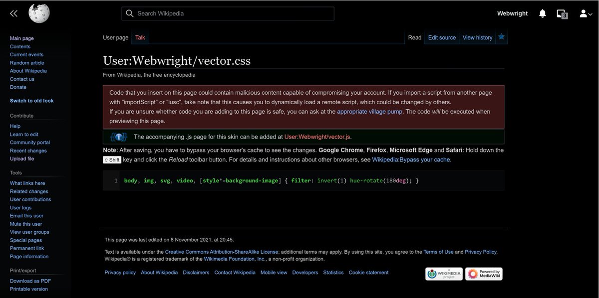 WebPDFpro's tweet image. just a quick edit of
===
body, img, svg, video, [style*=background-image] { filter: invert(1) hue-rotate(180deg); }
===
and you can read/edit @Wikipedia in the middle of the night too