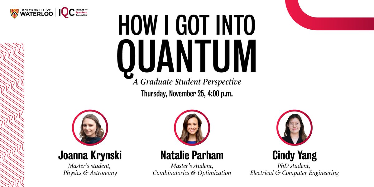 QuantumIQC's tweet photo. Students, are you curious about pathways to graduate studies in #quantum? We’ll hear from students in @WaterlooENG, @WaterlooMath and @WaterlooSci about their own quantum research journeys. Details: 
https://t.co/WWARfQmcvL
https://t.co/kyVvcDhTYT https://t.co/dg6BAEuC8L