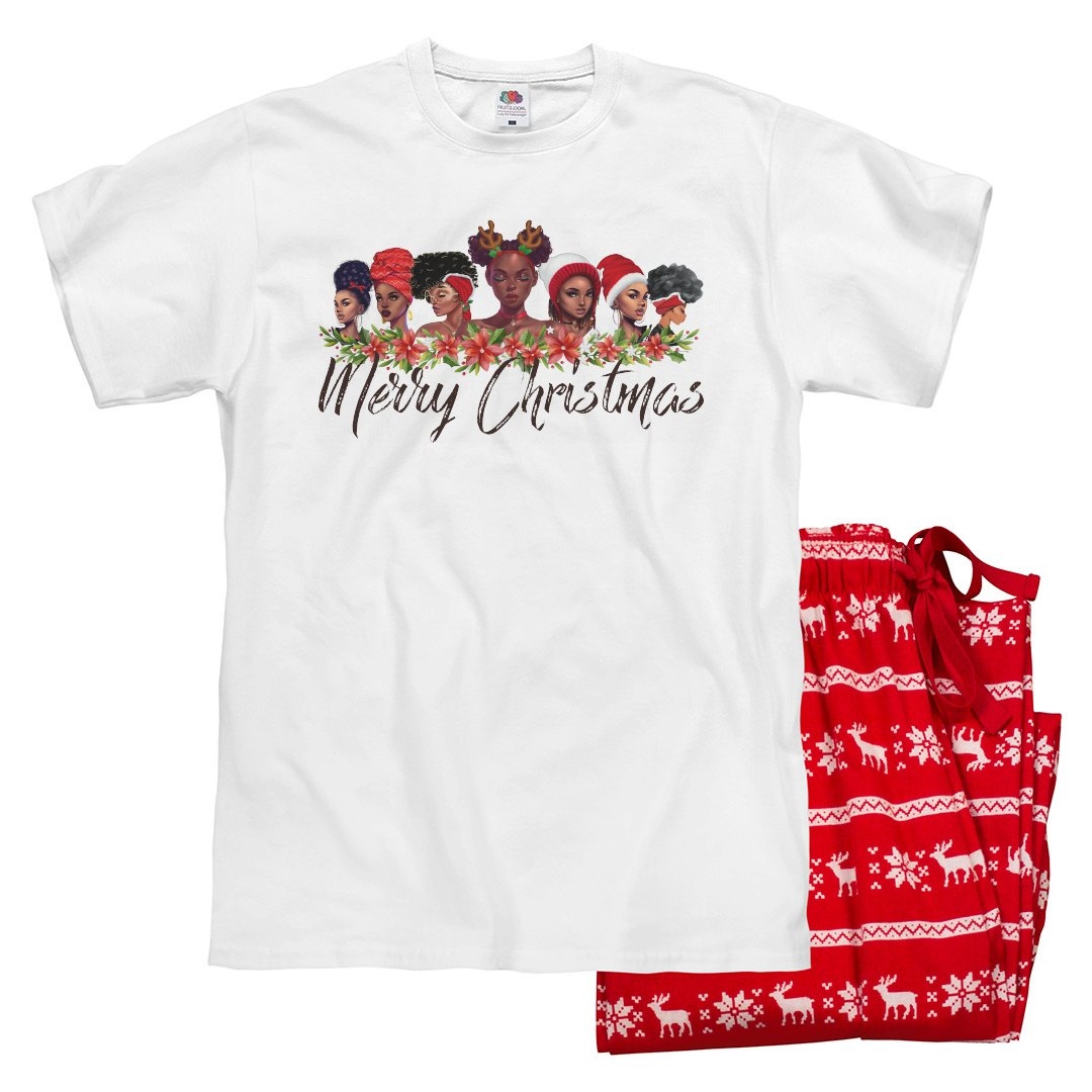 Merry Christmas Black African American Woman Collection by Kenique. Shop at customizedgirl.com/s/bykenique #bykenique #africanamericanchristmas #melaninchristmas #melanin #giftsforblackwomen #christmasgiftsforblackwomen #merrychristmas #christmasgiftsforher #holidayshirts #christmaspjs