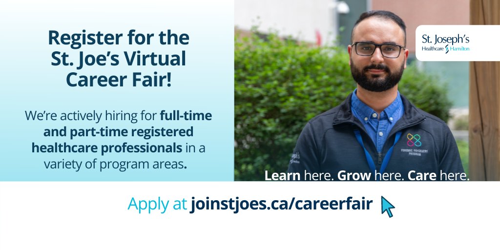 Learn here, grow here, care here as a member of St. Joe’s highly skilled teams! Apply to our Virtual Career Fair, where we're hiring for FT &amp; PT registered healthcare professionals in a variety of program areas. Taking place Nov 15-19. APPLY: joinstjoes.ca/careerfair. #wearestjoes