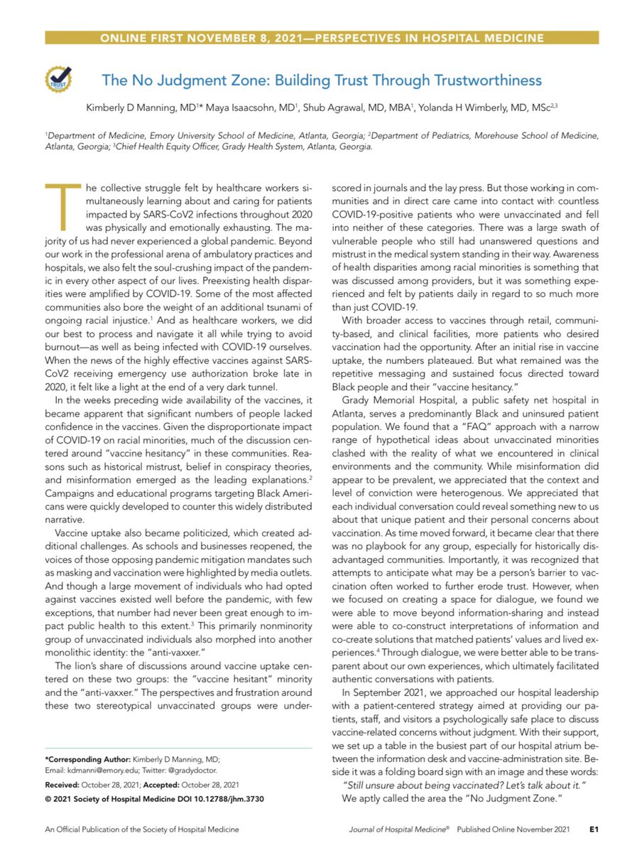 gradydoctor's tweet photo. βThe foundation upon which trust is built is consistent trustworthy actions. One such action is respectful communication without shame or ridicule.β
Proud to describe our @GradyHealth #NoJudgmentZone in @JHospMedicine in the #JHMTrustSeries.
#writeitup π
#whatsyourwhy ππ½ https://t.co/1jbWbEBZs8