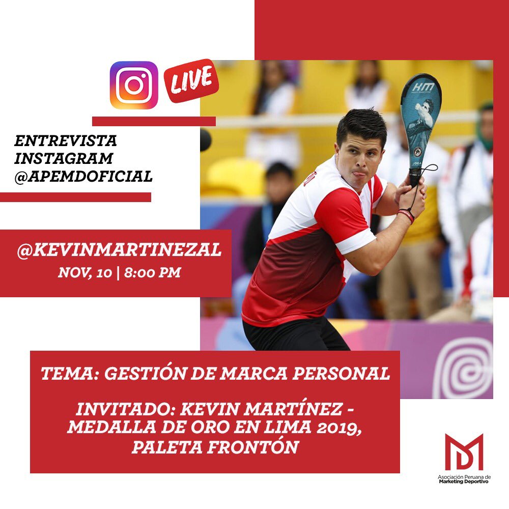 apemdoficialpe's tweet photo. ⚡Instagram Live ⚡ 

Este miércoles a las 8:00pm, entrevista en vivo con #KevinMartinez medalla de oro en Lima 2019 en paleta frontón. 

Síguenos en Instagram y únete ➡️ https://t.co/VScKQG4Um3

#APEMD https://t.co/dMBg7ahzI0