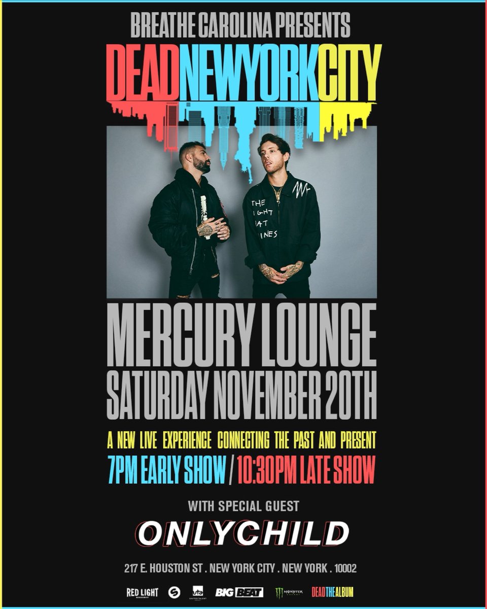 BreatheCarolina's tweet photo. ONE NIGHT TWO SHOWS NOV 20!! NEW YORK CITY!! PLAYING ALL THE HITS FROM ITS CLASSY ALL THE WAY TO DEADTHEALBUM ! Late show SOLD OUT. early show FEW TIX LEFT!!! Tix here - https://t.co/e8VPLeytrN https://t.co/v1OMhXd7XJ