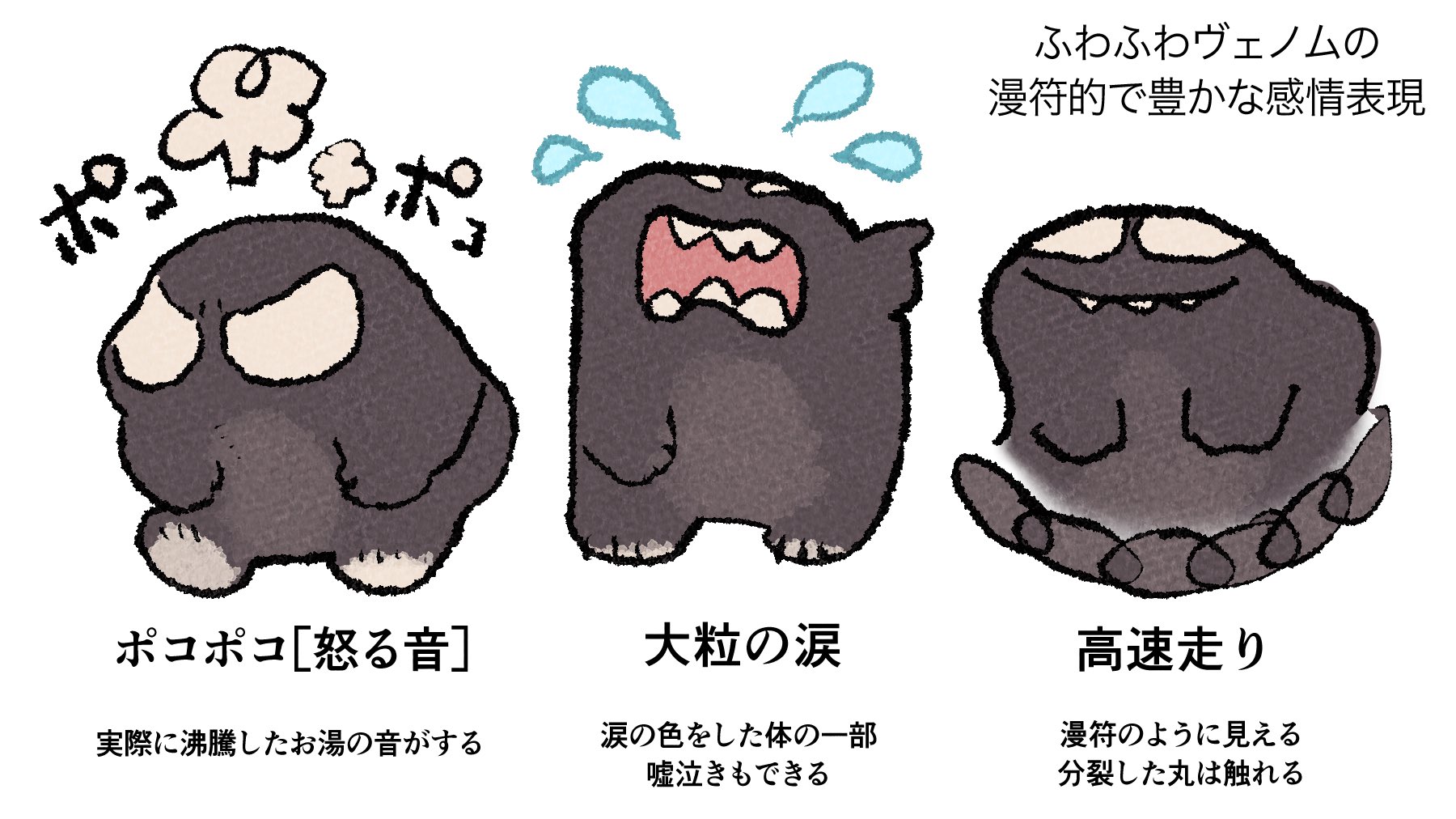 かぶーむちゃっく ふわふわヴェノムの漫符的で豊かな感情表現 漫画記号的な技法は全て体の一部を変形させて表現しています T Co Stgabm6kwd Twitter