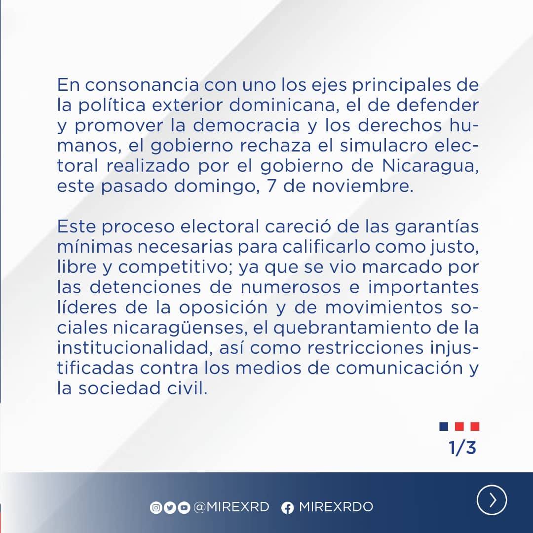 MIREXRD's tweet photo. Comunicado 🔈 

Posición dominicana 🇩🇴 sobre el proceso electoral en Nicaragua 🇳🇮. 

📲 https://t.co/VD6eaIO3Vt https://t.co/4vmic7Znt0