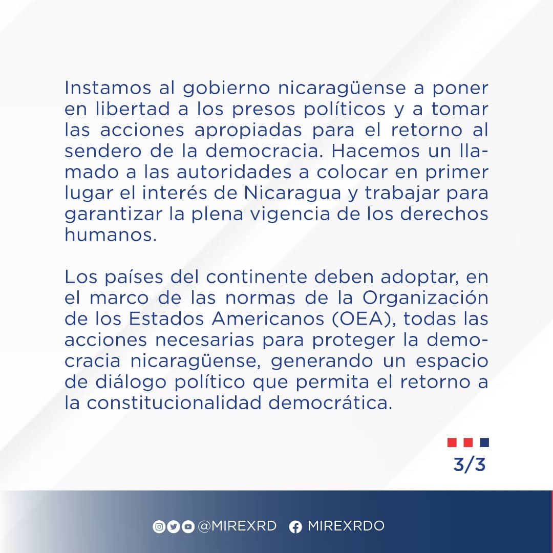 MIREXRD's tweet photo. Comunicado 🔈 

Posición dominicana 🇩🇴 sobre el proceso electoral en Nicaragua 🇳🇮. 

📲 https://t.co/VD6eaIO3Vt https://t.co/4vmic7Znt0