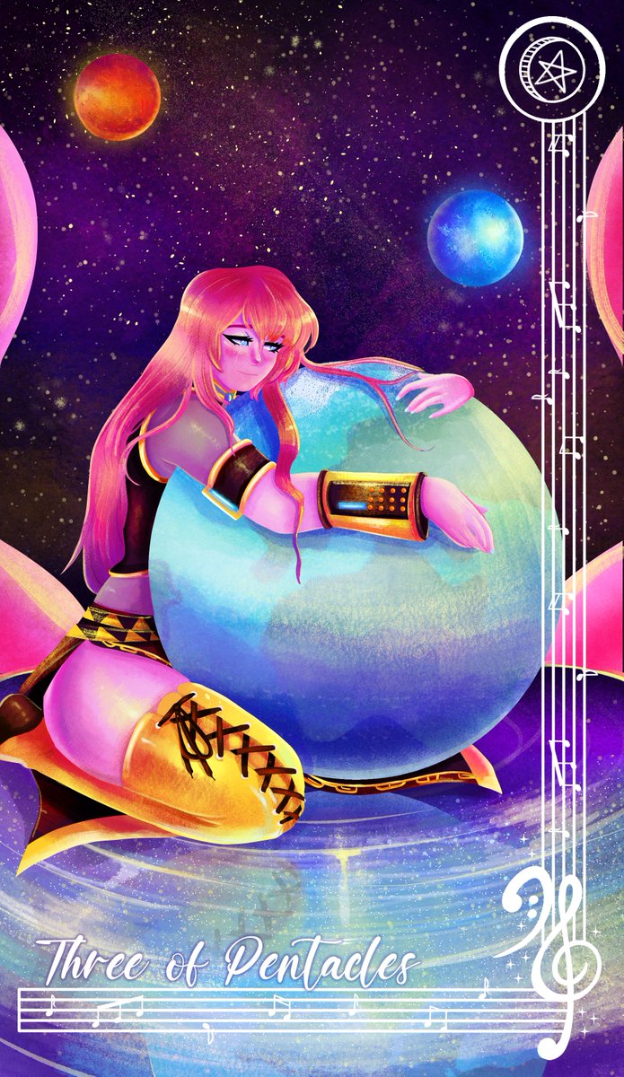 artbygirlpanic's tweet photo. one out of two cards i did for the @VocaloidTarot zine! double lariat for three of pentacles! i wanted to really focus on the Vibe of the song and extending your reach (in the form of an embrace) and holding those who you have close https://t.co/mtBTMfF3xg
