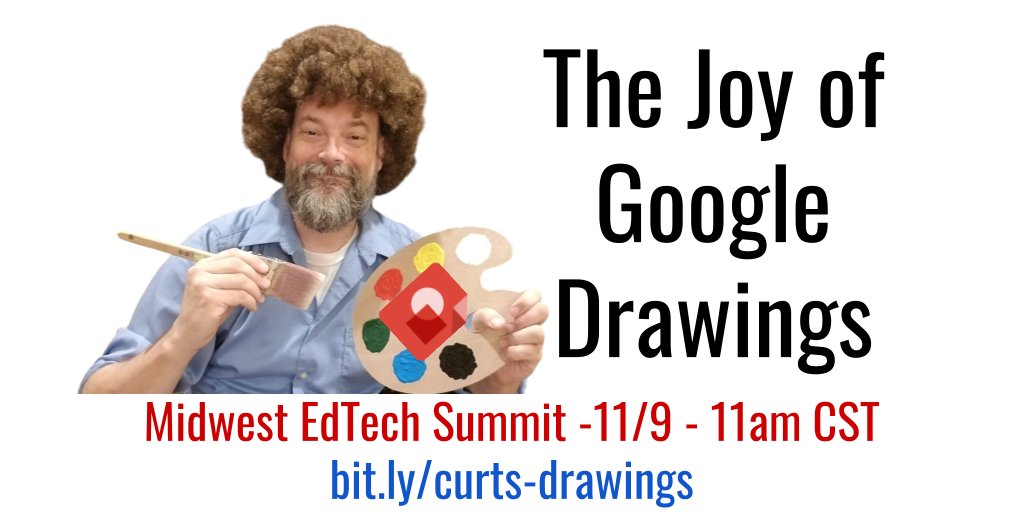 ericcurts's tweet photo. 🎨 Join me at the #MidwestEdTechSummit today for "Awesome Uses of Google Drawings in Your Classroom" at 11am.
Learn from happy little accidents!
Details &amp; session resources here: https://t.co/z458ednlaD
#ControlAltAchieve #edtech #GoogleEDU #mwgs #cesa5 https://t.co/oXU7q0Tmd8