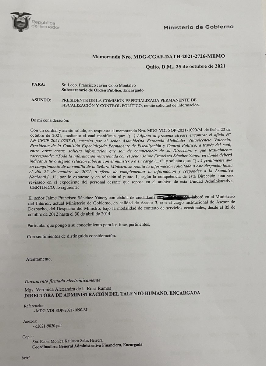 abcorderoc's tweet photo. El Sr Jaime Sanchez Yanez (alias “el chamo”) hno de Luis Eduardo Sanchez Yanez (accionista de Foglocons con Alex Saab) trabajó en el Ministerio del Interior (hoy Ministerio de Gobierno) como asesor de Despacho del Ministro entre oct de 2012-abril 2014 (coinciden las fechas no?) https://t.co/IU6f9H3OXk