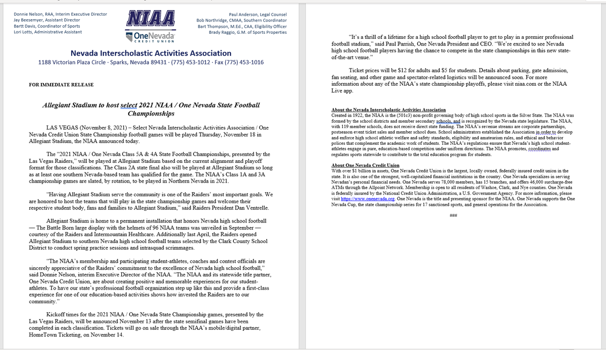 NIAASports's tweet photo. NIAA/One Nevada State Football Championships Announcement:

Las Vegas Raiders to host select State Football Championships in Allegiant Stadium on November 18
@OneNevada @Raiders https://t.co/yGPyif07r1