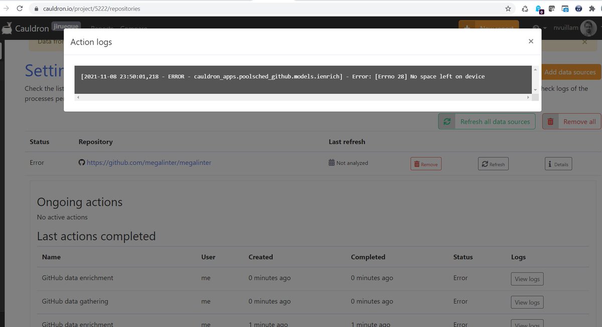 NicolasVuillamy's tweet image. Hey @cauldronio  , your service seems really nice, but I can&apos;t succeed to make it work for #MegaLinter repo, it seems there is &quot;no space left on device&quot; :/