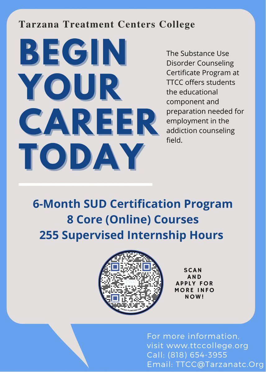 TheTTCCollege's tweet photo. Are you, or someone you know, interested in becoming a licensed SUD Counselor? If so we have the perfect program for you. If you are interested, reach out to our recruiter Valerie at vipatzi@tarzanatc.org or call (818) 996-1051 Ext. 1519 for more information. #SUDcertification https://t.co/kQqntGtT1g