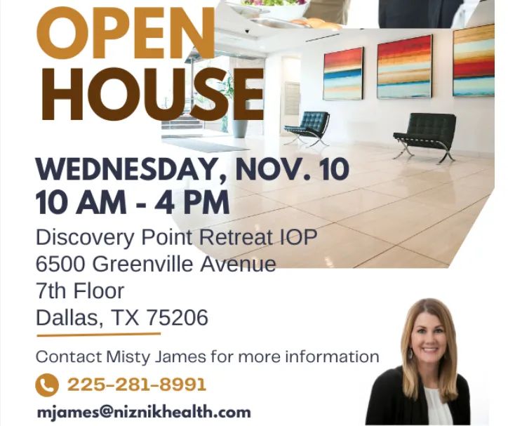 NiznikHealth's tweet photo. We invite you to our Discovery Point Retreat open house. You'll have a chance to network with like-minded professionals and meet our credentialed clinical team. Our clinical team will give a short presentation at 12:00 p.m. 
To register, go to: https://t.co/tlpcAGfQUt https://t.co/ZRCxzW6cnd