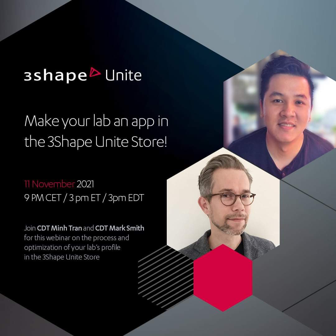 dentaltechtips's tweet photo. Make your lab into an app in the @3Shape Unite Store! Join Minh Tran and Mark Smith as they guide you through the entire process of creating and optimizing your lab’s profile in the Unite Store to ensure you maximum visibility! Register here 😊https://t.co/WwY9mTdRDP #3shape https://t.co/Xp7HDMiQpu